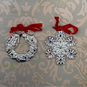 Lenox Silver Wreath and Snowflake Ornaments with Red Ribbons
